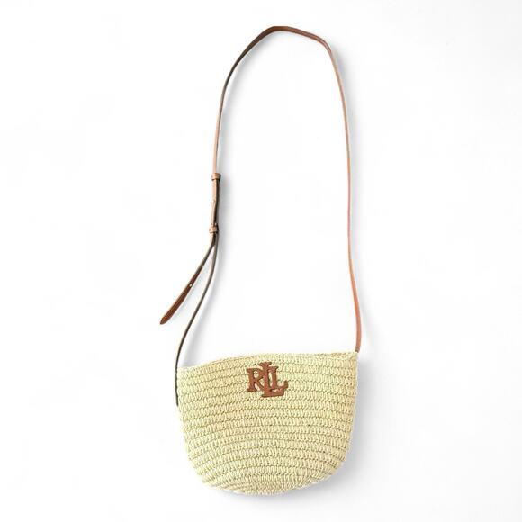 Lauren Ralph Lauren Leather Trim Straw Medium M Nicki Crossbody Bag Natural - Picture 3 of 9